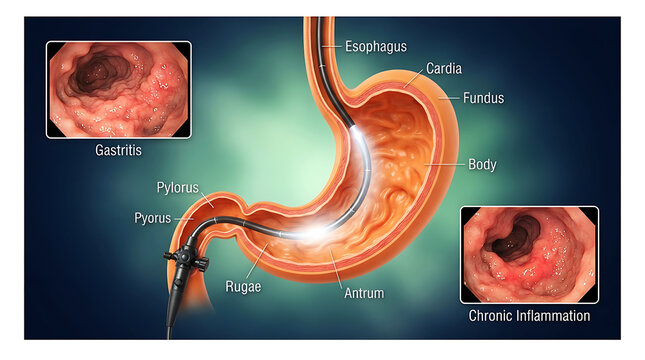 Endoscopic view of human stomach with gastritis and chronic inflammation