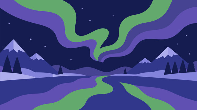 Serene vector aurora borealis over frozen lake, green and violet northern lights mirrored in calm water, snowy mountains and pine forest under starry arctic winter sky for travel posters and nature