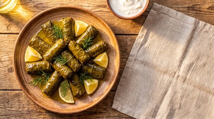 Fototapeta premium Mediterranean cuisine, a top-down view of fresh dolma stuffed grape leaves on a ceramic plate