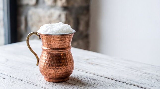 Traditional beverages, traditional copper cup filled with creamy ayran sits on a clean surface