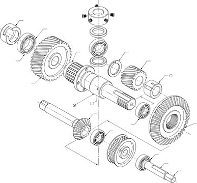 Exploded Gear Assembly Technical Drawing CAD Blueprint for Mechanical Engineering Design