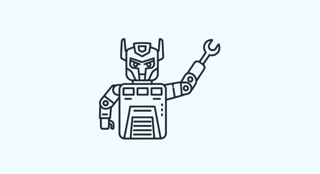 Thin line vector illustration of a humanoid robot transformer character with a mechanical wrench gripper arm. Black linear design of a futuristic cyborg mascot on white background.