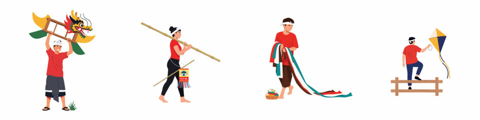 Vector illustration set of Balinese cultural festival preparations including dragon dance, traditional banners, and kite flying.