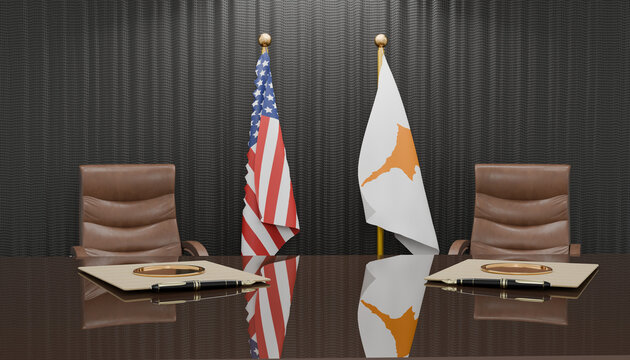 Diplomatic Summit Table: Two empty leather chairs flank a polished table, each adorned with the flags of the United States and Cyprus, set against a backdrop of dark, textured curtains.