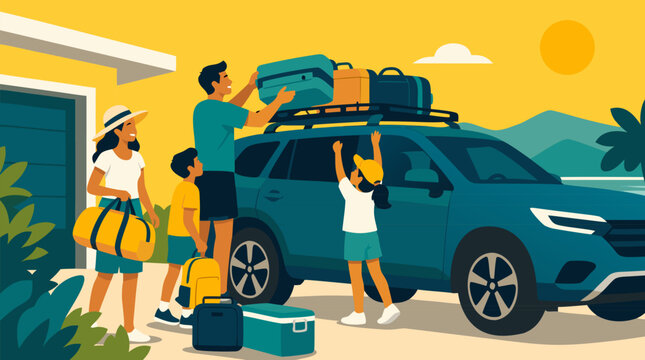 Happy family loading colorful luggage onto a teal SUV roof rack before a sunny summer road trip, cheerful vacation preparation by garage with coastal hills and bright vector style scene