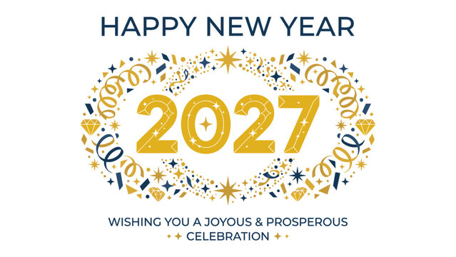 Happy New Year 2027 Greeting: A festive and celebratory graphic design wishing viewers a joyous and prosperous New Year, featuring the year 2027 adorned with sparkling stars, confetti.