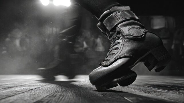 Close up of a dancing boot on a wooden floor in black and white