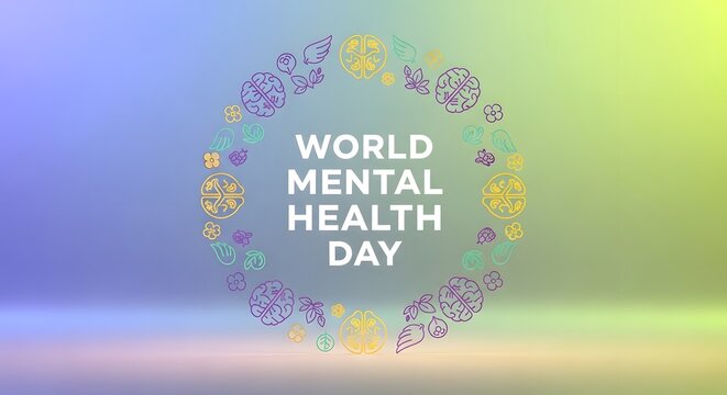 World Mental Health Day banner. Floral wreath design for awareness. Psychological wellness event.