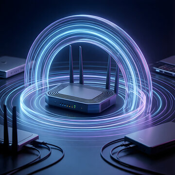 Wireless router transmitting wi fi signals and network data flow