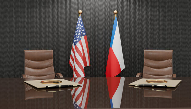 Diplomatic Meeting: An empty meeting room set for a high-stakes diplomatic negotiation, featuring two chairs, a table, and the national flags of the United States and Czech Republic.