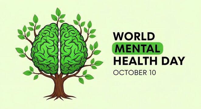 World Mental Health Day concept. Green brain tree illustration. Psychology awareness design.