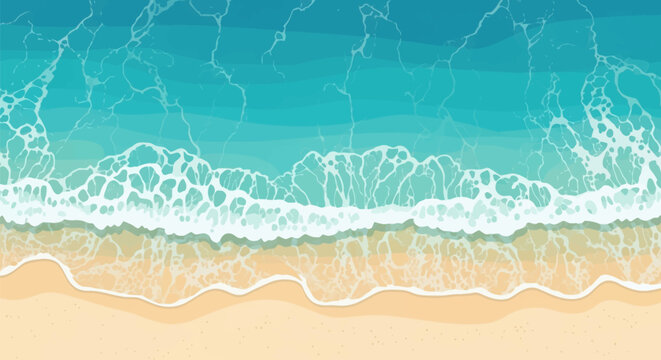 Top-down vector illustration of turquoise ocean waves breaking on a sandy beach with white sea foam textures and swirling water patterns from a high angle aerial perspective.