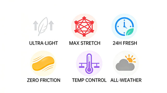 Clothing performance icon combination presentation, fabric ultra light, high elasticity, long-lasting refreshing, low friction temperature control suitable for various outdoor daily wearing scenarios
