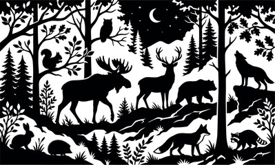 Fototapeta premium Silhouette of deer herd in moonlit forest. Wildlife animals roaming under night sky with trees and full moon backdrop.