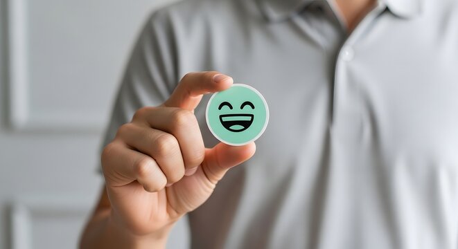 Hand holding a green smiley face stress ball. Person squeezing an emoji stress reliever for relaxation. Positive mental health and workplace wellne...
