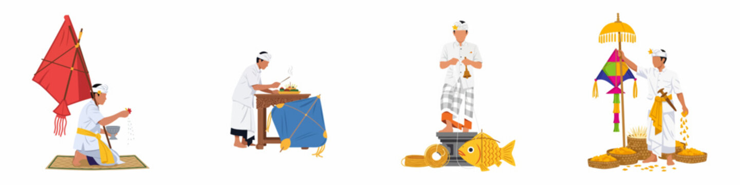 Set of illustrations depicting Balinese men in traditional white attire performing various cultural ceremonies and rituals involving symbolic kites and offerings.