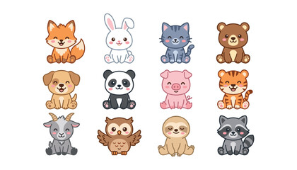 Obraz premium Cute baby animal cartoon characters set including fox rabbit cat bear dog panda pig tiger owl and sloth vector illustration