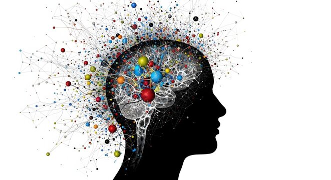 Creative human brain with colorful paint splashes exploding. Abstract mind illustration showing innovation and ideas bursting from thought. Profess...