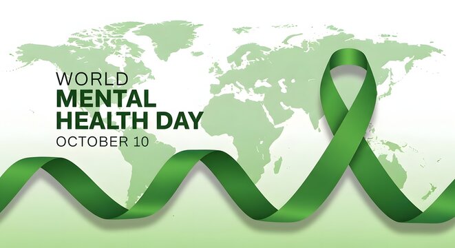 World Mental Health Day ribbon on global map. Green awareness symbol for mental wellness and support campaigns. International healthcare concept fo...