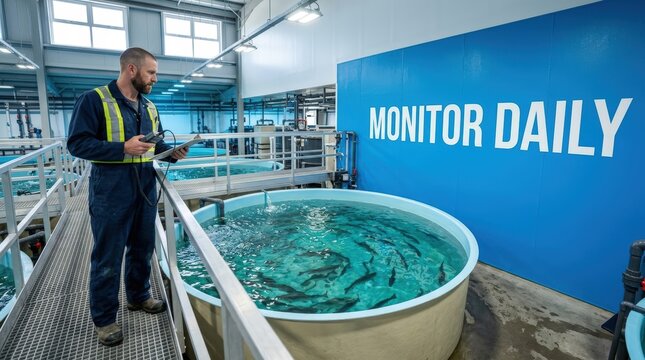 Aquaculture technician inspecting fish tanks in modern indoor facility