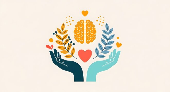 Hands holding a glowing golden heart with autumn leaves. Warm cupped palms cradle a radiant love symbol surrounded by falling foliage. Emotional we...