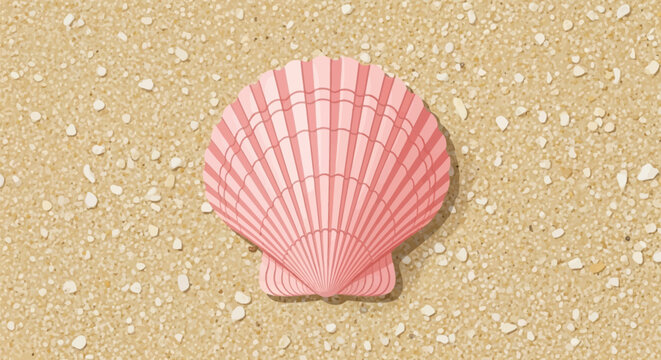 Pink ribbed scallop seashell illustration centered on tan sandy beach background with small white pebbles. Detailed top view of marine shell on grainy sand texture.