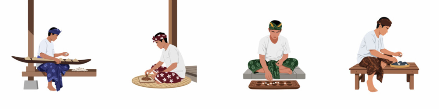 Four illustrations of Balinese men in traditional attire performing cultural activities like playing Congklak and preparing ritual offerings on a white background.