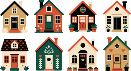 Cozy house vector illustration set, scandinavian folk art style cottage buildings isolated on white background © Kaiyum