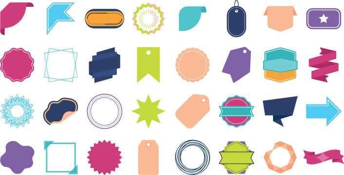 Colorful vector design elements set with ribbons, tags, badges, arrows, and abstract geometric frames for creative projects