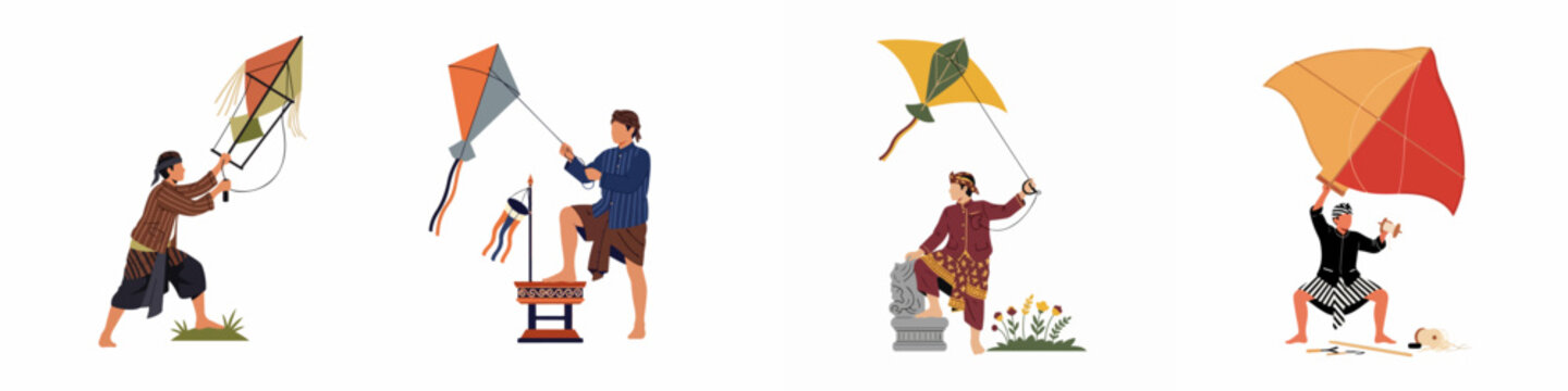 Set of four illustrations showing Indonesian men in traditional attire flying various colorful kites, isolated on white background.