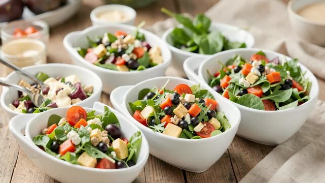 A variety of fresh salads served in a row of white bowls on a wooden table, including ingredients like lettuce, tomato, cucumber, and cheese.