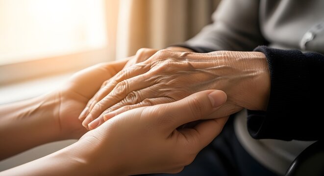 Young person holding elderly hands. Caregiver supporting senior person. Compassion and empathy.