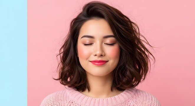 Young woman with closed eyes. Portrait of a happy girl smiling. Serene female beauty concept.