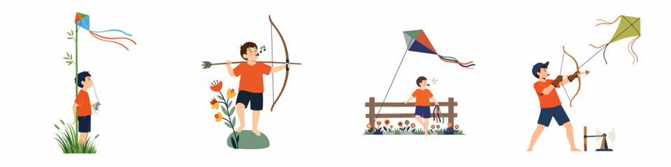 Set of illustrations showing a young boy enjoying various outdoor activities like flying a kite and practicing archery in a flat cartoon style.