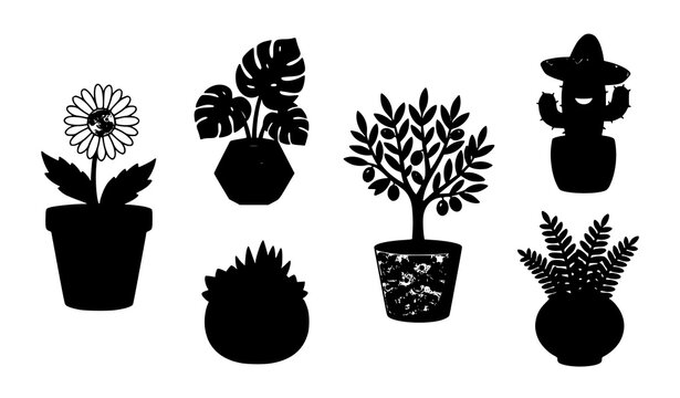 Potted plants and home decor silhouette icon set with black solid symbols of sunflower monstera olive tree funny cactus and fern leaves for nature graphics