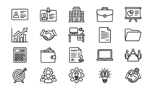 Business and corporate management outline icon set featuring office building handshake briefing board growth chart calculator folder wallet laptop and team target symbols