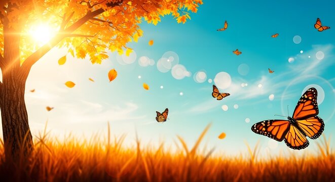 Monarch butterflies flying in autumn. Orange insects in fall forest. Nature seasonal background.