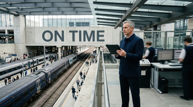 Railway station manager overseeing train operations with tablet