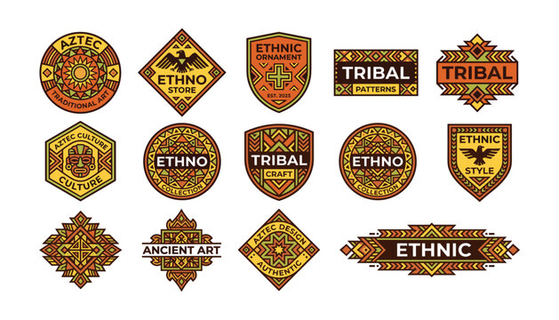 Tribal and ethnic badge collection set with geometric Aztec patterns traditional patterns ancient art ornaments and boho emblems vector illustration