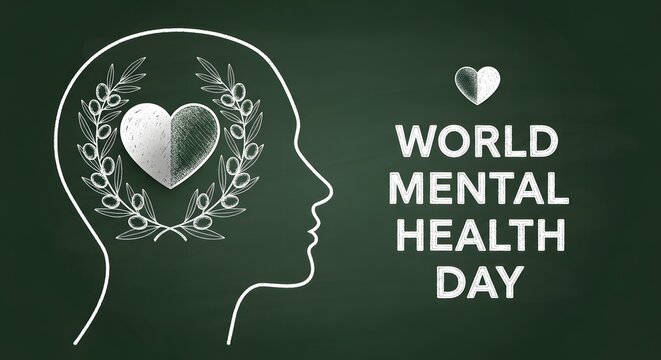 World Mental Health Day concept. Chalk drawing of human head and heart. Psychology awareness art.