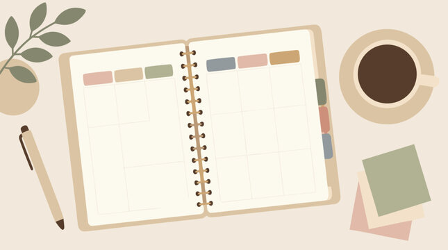 Minimal desk planner vector illustration with open spiral weekly organizer, coffee cup, pen, sticky notes and leafy accent in soft beige tones for productivity blogs, office branding and page layouts