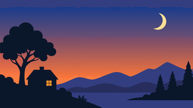 Serene twilight landscape vector illustration with orange to deep blue gradient sky, crescent moon, silhouetted cabin, tree, lake and mountains, peaceful evening mood for nature and relaxation themes