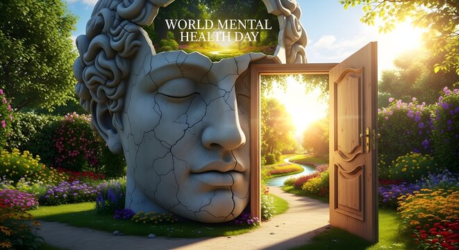 Mental health awareness concept. Stone head sculpture with open door. Mind healing psychology.