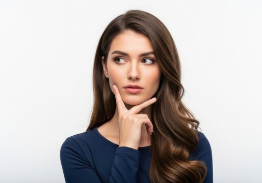 Young woman thinking with hand on chin in deep thought