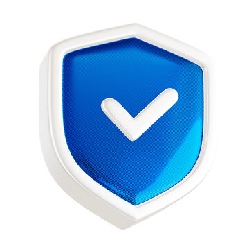 3D blue cybersecurity shield with white checkmark. Digital protection icon for online safety and data verification.