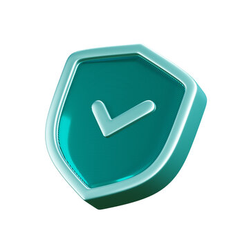 3D cybersecurity shield with checkmark icon. Digital protection symbol for online safety and data defense.