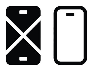 デジタルインターフェイス向けの画面にバツ印が付いたスマートフォンと標準的なモバイル端末アウトラインを表すミニマル白黒イラスト © vector Art