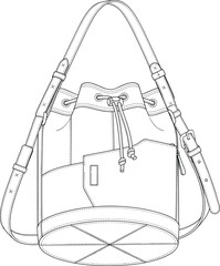 Fototapeta premium Modern Bucket Shoulder Bag Technical Line Drawing Fashion Accessory Vector Template
