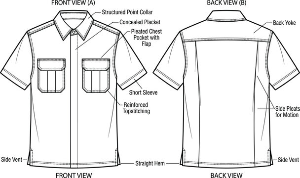 Technical flat sketch of a men&rsquo;s short-sleeve utility shirt with pockets for design production