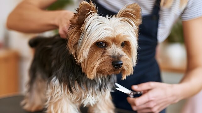 A Yorkshire Terrier being groomed by a person using scissors to trim its fur while standing on a table